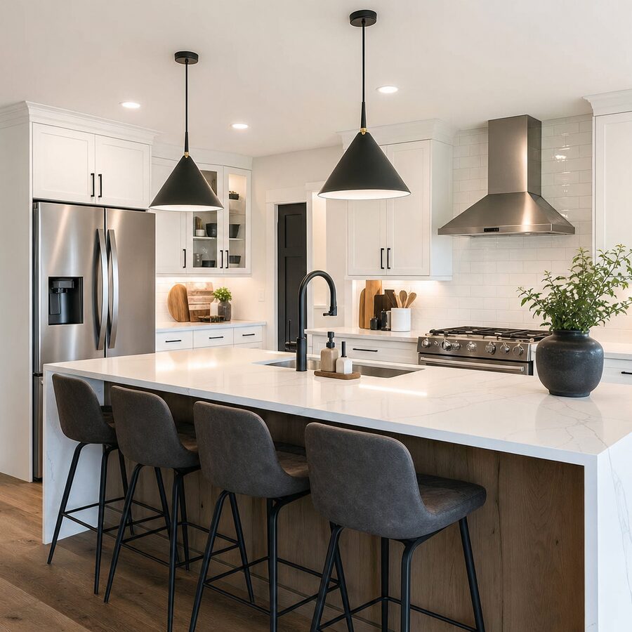 Modern remodeled kitchen with white cabinets and large island