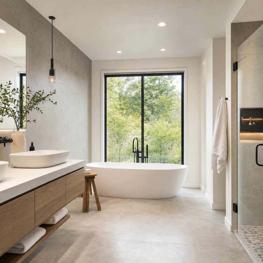 Spa-style bathroom remodel with freestanding tub and glass shower