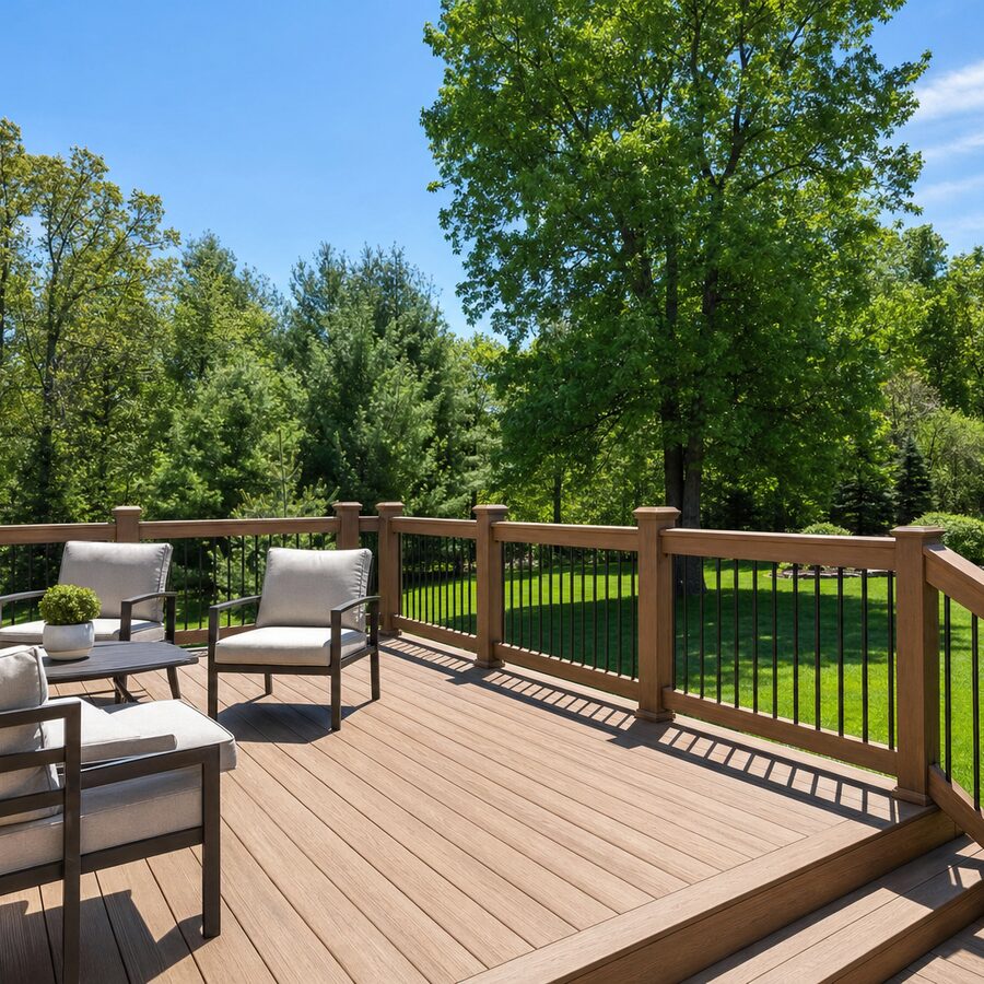 Newly built backyard wood deck with railing and outdoor furniture