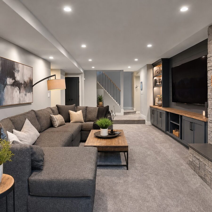 Finished basement remodel with sectional sofa and entertainment wall