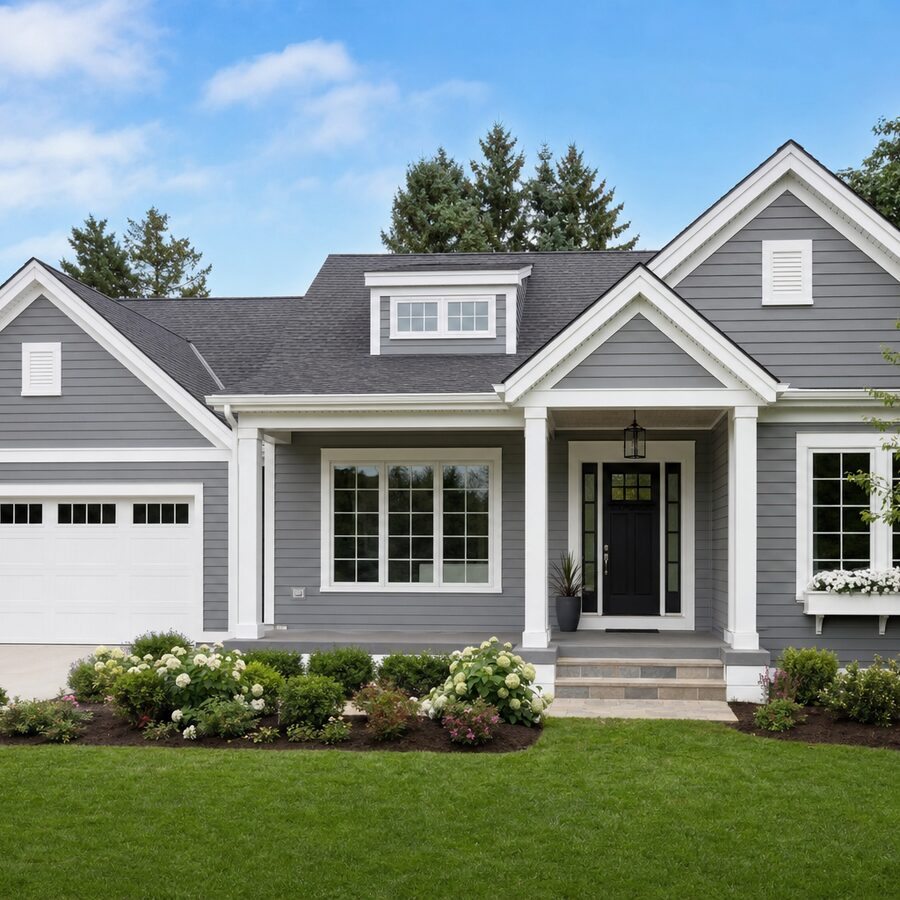 Suburban house exterior makeover with gray siding and white trim