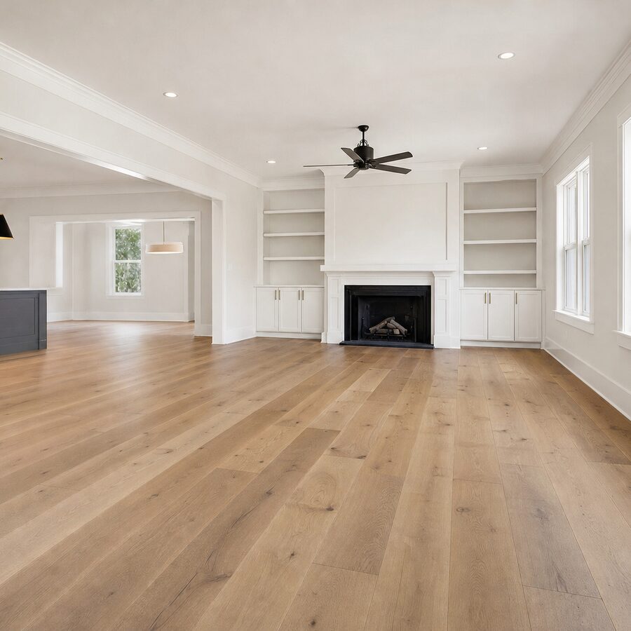 Freshly installed wide-plank hardwood flooring in a living room