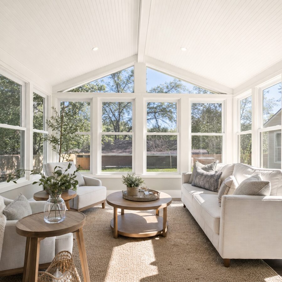 Bright sunroom home addition with large windows