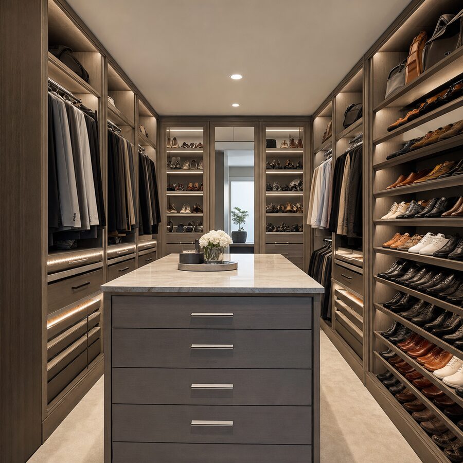 Custom walk-in closet remodel with built-in wood shelving