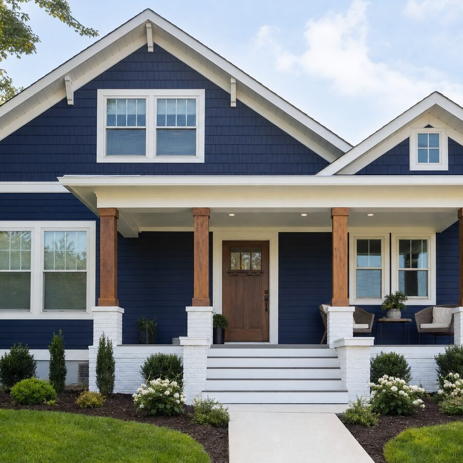 Freshly painted craftsman style house exterior with navy siding