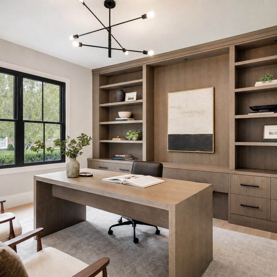Stylish home office remodel with built-in wood desk and shelving