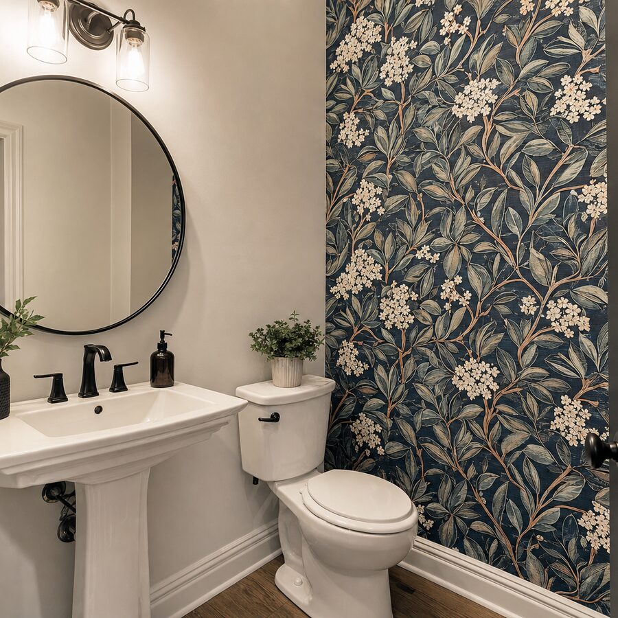 Small powder room remodel with bold wallpaper accent wall