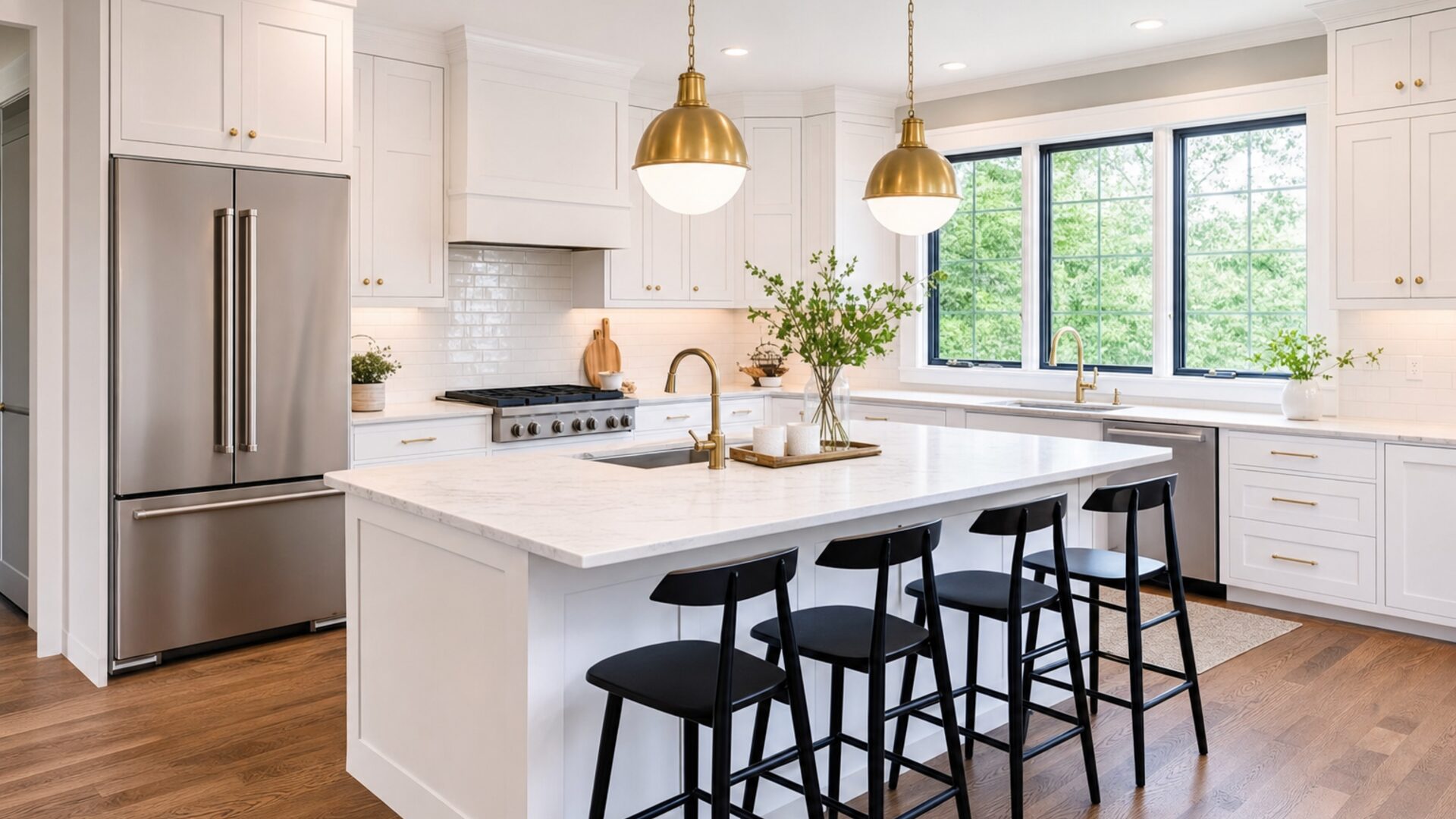 Bright, modern remodeled kitchen with white cabinetry, large island, and pendant lighting